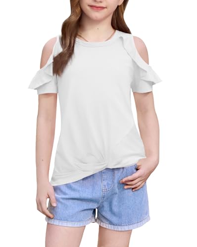 Image of BesserBay Girls Cold Shoulder Tops Twist Front Tunic Ruffle Sleeve Summer Blouses 5-14 Years