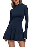 Picture of COCCKO Mini Dresses for Women Casual Soild Color Knit Sweater Dress Ruffle Hem Long Sleeve Dress Dark Blue S