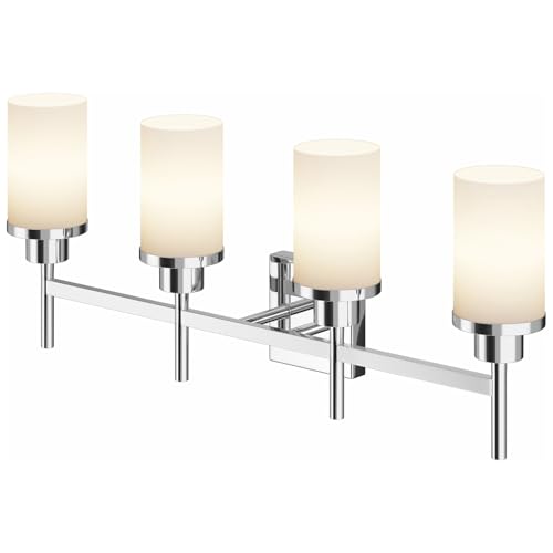 Image of 4-Light Vanity Lighting Fixtures with White Frosted Glass Shade, Polished Chrome Bathroom Wall Lamps Over Mirror for Bath Restroom Kitchen T001CH-L4