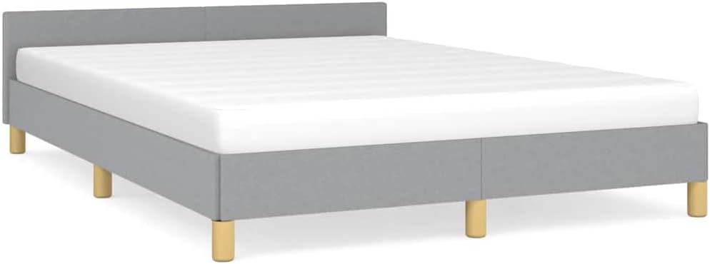 Light Grey Polyester Bed Frame with Headboard Queen Size Platform Foundation Sturdy Slatted Durable Furniture for Modern Minimalist Bedroom Mattress Support