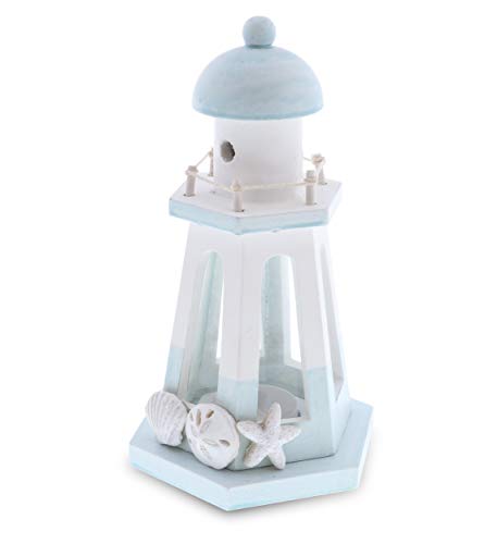 CoTa Global Blue Lagoon Nautical Wooden Lighthouse Tealight Candle Lantern Holder - Coastal Table Centerpiece Beach Home Decor - Rustic Indoor Outdoor Decorative Lantern - Handmade Color May Vary