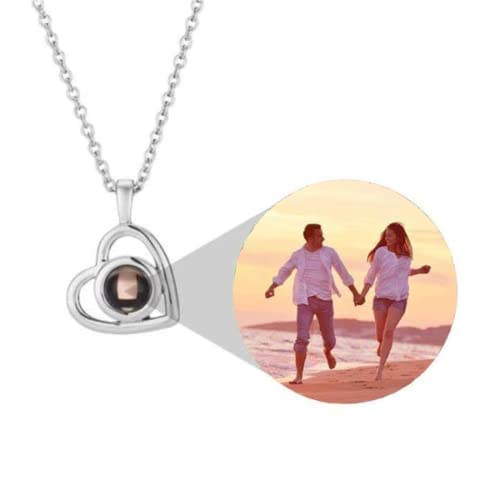 CZD Projection Necklace Personalised Photo,Necklace with Picture Inside,Photo Necklace Projection,Personalised Jewellery,Heart Locket Necklace,Sterling Silver Necklaces for Women (Silver)