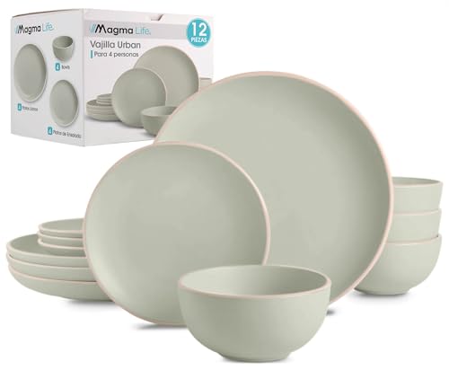 La Mejor Lista de Vajilla ceramica los 10 mejores. 43 Magma Life Vajilla para 4 personas de Stoneware, 12 Piezas: 4 platos extendidos 10.5', 4 platos 8' y 4 elegantes tazones 6', Resistente a Altas Temperaturas, para Lavavajillas y...