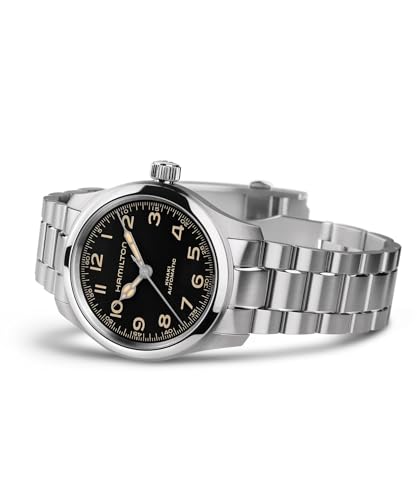 Image of Hamilton Khaki Field Murph Automatic Men's Watch, 38mm Stainless Steel Case, Swiss Made, Black Dial Analog Wrist Watch, 100m Waterproof, Sapphire Crystal, 3-Hand Movement, Stainless Steel Strap