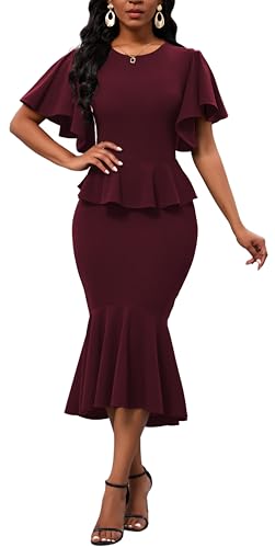 Image of Womens Summer Ruffle Short Sleeve Fishtail Dress Evening Cocktail Formal Peplum Midi Mermaid Dresses Elegant