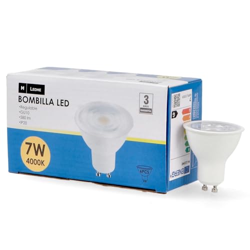 M Ledme - Pack 6, Bombilla Led Gu10 Smd Plus 7W, Regulable Luz neutra (4000k), casquillo Gu10, 580 Lumen, IP20, Apertura del Haz de Luz 60°, Eficiencia energética y Bajo Consumo. LM7617