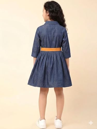 Image of A.T.U.N. (ALL THINGS UBER NICE) Girls 100% Cotton Shirt Dress with Belt | Solid Button-Down Dress with Collar Neck | Soft Breathable Kids Outfit for Girls