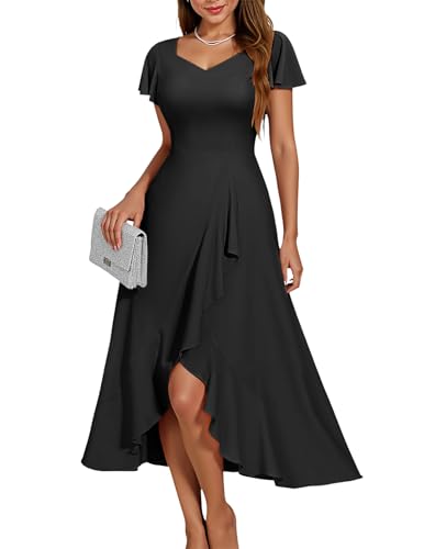 Image of HomRain V Neck Formal Wedding Guest Dresses for Women Ruffle Sleeves for Cocktail Graduation Modest Dress