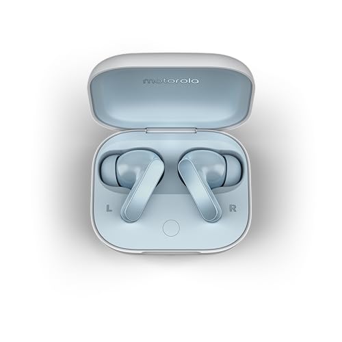 Motorola Moto Buds Écouteurs Bluetooth 5.3, son haute résolution, Dolby Atmos, réduction active du bruit, charge sans fil, jusqu'à 42 heures d'autonomie, système de microphone à 3 volets, bleu glacier
