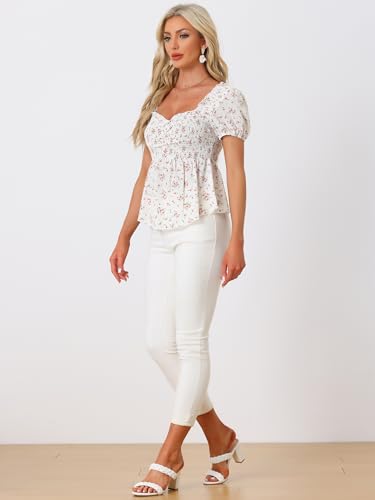 Allegra K Puff Short Sleeve Floral Blouse for Women's Sweetheart Neck Shirred Ruffle Peplum Top4
