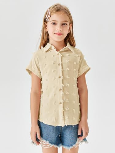 Image of Haloumoning Girls Button Down Shirts Short Sleeve Kids Casual Chiffon Blouse Summer Tops T-Shirt
