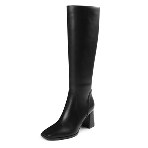 Image of JOY IN LOVE Knee High Boots Women Chunky Block Heel Square Toe Zipper Boots