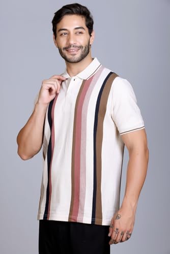 Image of SANE ORIGINALS Textured Polo T-Shirt for Men in Vertical Stripes || Old Money Polos for Men