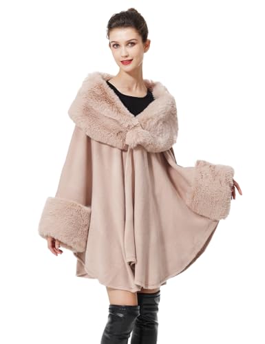 Image of BEAUTELICATE Knitted Cape Coat Women’s Stylish Cardigan Knit Cloak Poncho Shawl Wrap with Faux Fur Collar for Autumn Winter Wedding Bride Bridesmaids(One Size, Dusty Pink)