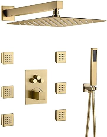 Brushed Gold Wall Mounted 12 Inch Rainfall Shower Head 3 Way Ther...