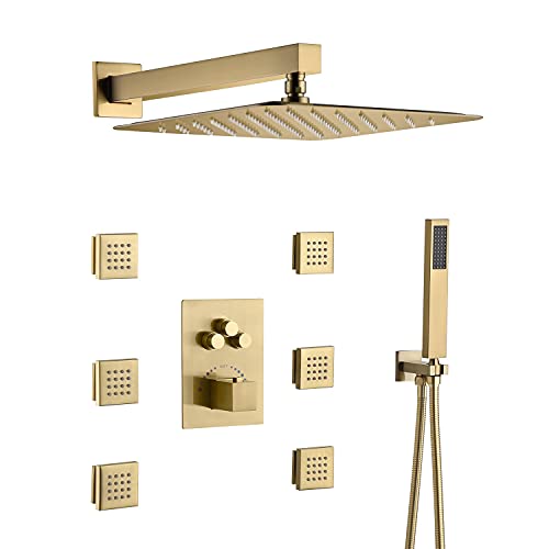 Brushed Gold Wall Mounted 12 Inch Rainfall Shower Head 3 Way Thermostatic Shower Faucet With 6 Body Jets Each Function Work All Together And Separately #TOP10