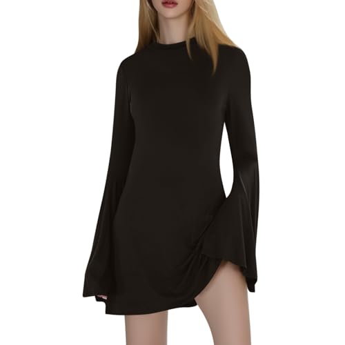 Damen Pulloverkleid Elegant Trompetenärmel Herbstkleid Damen Langarm Kurz A-Linien Blusenkleid Damen Rundhals Slim Shirtkleid Einfarbig Mini...