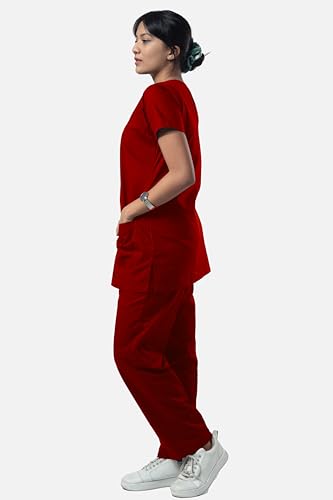 Image of UNIFORM CRAFT Women's 4 Pocket Scrub Suit Set | Medical Uniform | Cross V-Neck Poly Cotton | Short Sleeve Hospital Wear | Ideal for Doctors & Nurses (Crimson Red, S)