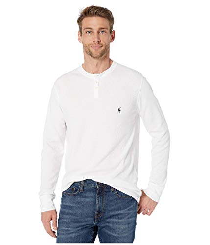POLO RALPH LAUREN Waffle Long Sleeve Henley White/Cruise Navy Pony Print...
