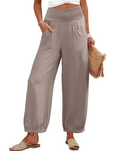Caracilia Women Wide Leg Palazzo Pants 2026 Summer Casual High Waist Flowy Loose Boho Beach Vacation Lantern Pants Light Brown Small