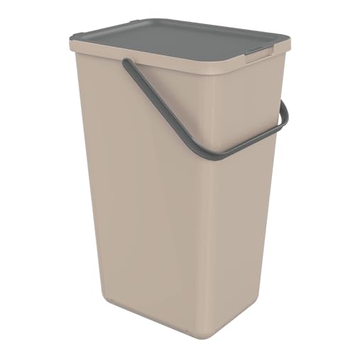 SUNDIS Loops, poubelle de tri sélectif d’intérieur 32L, rectangulaire, en plastique recyclé taupe, avec couvercle, poignée, anse et stickers, pour...