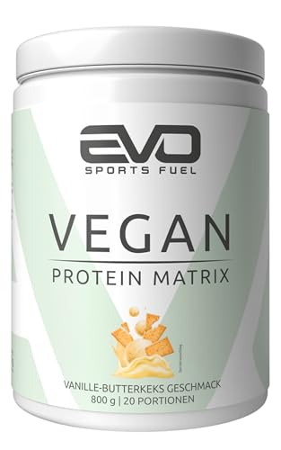 EVO SPORTS FUEL Veganes Proteinpulver Matrix | Vanille-Butterkeks | 800g | Eiweißpulver mit 3g Leucin pro Portion für eine maximale Proteinsynthese | geprüfte Qualität | Made in Germany
