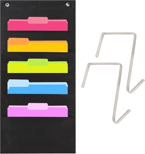Hippo Creation Heavy Duty Storage Pocket Chart for Classroom, 5 Pocket Storage Organizer with 2 Over-Door Hangers, Hanging Wall Organizer for File Folders, School Mailbox, Home Office Papers - Black