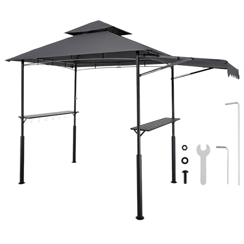 VEVOR Grill Gazebo, 8 x 5 ft Double-Tiered Top, BBQ Gazebo with Extra Awning, Powder-Coated Steel Patio Grill Shelter with 2 Side Shelves, Bottle Opener & Hooks, Outdoor Grilling Canopy for Garden
