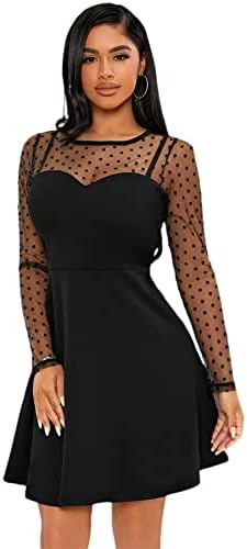 WDIRARA Women's Polka Dots Round Neck Mesh Long Sleeve Flared Dress Black L