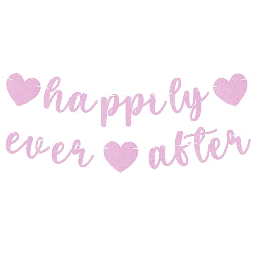 Image of Pre-Strung Happily Ever After Banner - Pink Glitter Bachelorette Bridal Engagement Party Decoration Supplies, Bachelorette Wedding Party Banner for Engagement, Bridal Shower, Wedding Party Photo Booth Props