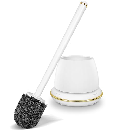Gold Toilet Brush and Holder Set, Toilet Bowl Brush with Long Handle, Easy to Assemble of Compact Toilet Scrubber, Toilet Brush Set with No Leaks Have Vent, Stylish Gold Bathroom Accessories. U