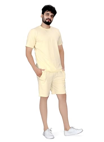 Image of ELLITI Cotton Blend Solid Casual Round Neck Half Sleeve Oversized Co-ord Set Men's, Pyjama Set, Sleepwear Loungewear T-Shirt and Shorts Combo for Men, Night Wear for Men, Night Suit for Men's