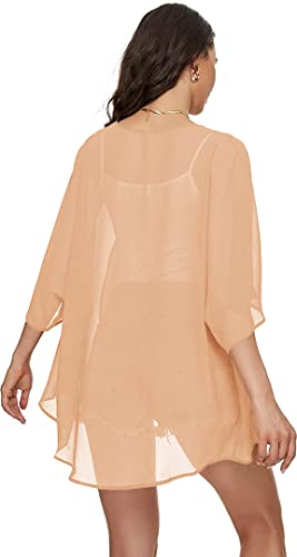 Image of Indian Trendy Women's Solid Puff Sleeve Kimono Cardigan Loose Cover Up Casual Blouse Top Chiffon