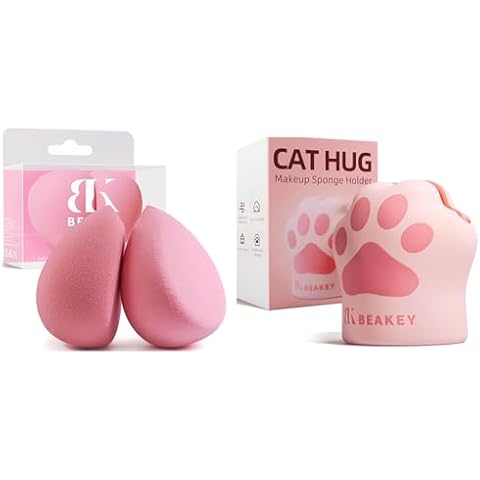 BEAKEY 2 Pcs Makeup Sponge Set, Latex Free Pink Beauty Sponge & Silicone Makeup Sponge Holder, Cat Hug Beauty Sponge Blender Case with Vent Design for Quick Drying Cover