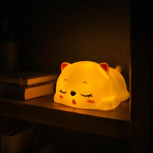Image of Cute Sleeping Cat Night Light Lamp, Yellow LED Bedside Light for Kids & Teens, Small Decorative Night Lamp for Bedroom & Desk, Battery Operated, Gift for Birthday, Valentine's Day & Christmas