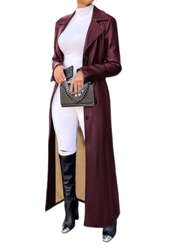 Women Long Leather Jacket Long Sleeve Button Up Faux Leather Trench Coat Trendy Motorcycle Coats