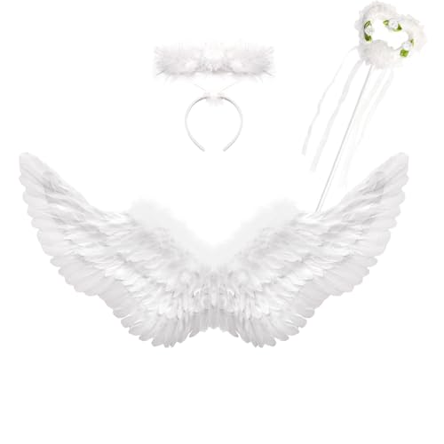 Conjunto de 3 asas de anjo branco com halo e varinha mágica, asas de anjo 60 cm anjo fada fato de acessórios para crianças de Halloween carnaval cosplay festa de disfarces de disfarces