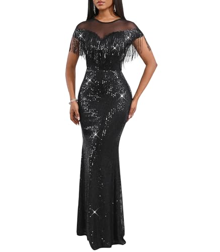 Image of Cololura Sexy Sequin Tassel Mesh Perspective Party Cocktail Bodycon Evening Club Maxi Dress