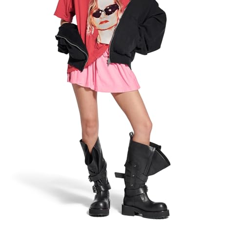 Black Women's Knee High Boots Pull On Wide Calf Riding Fashion Buckles Chunky Low Hee Buckle Moto Biker Boots3