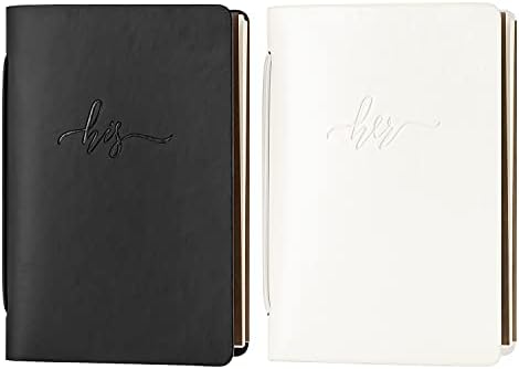 Calculs Handcrafted Wedding Vow Books Set of 2 Black & White Authentic Cowhide Cover with His and Her Stamping