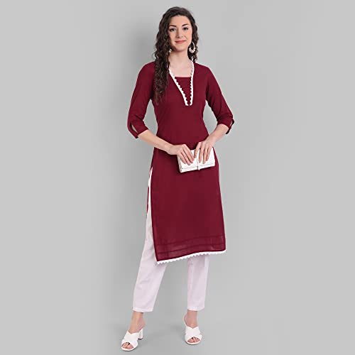 Image of Cotton Casual Maroon Solid Kurta for Girls and Women in 45 Inch Length