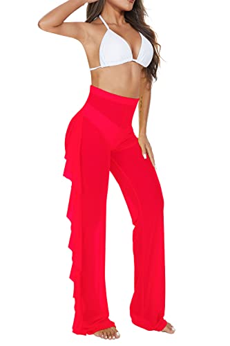 Image of Jumppmile Women's Ruffle Sheer Mesh Swimwear Bikini Cover Up Pants See Through