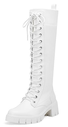 Jeossy Women's Knee High Combat 9603 Boots, Tall Platform Chunky Heel Boots Wide Claf