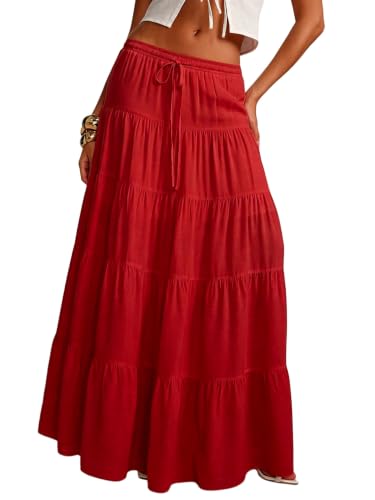 Image of Women's Boho Maxi Skirt Ruffle Flowy Low Rise A Line Beach Long Skirts | Flared Ruffle, Elastic Waist, Summer Vacation Skirts