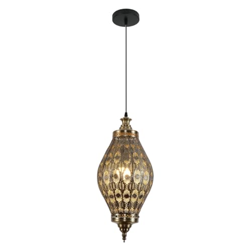 Image of Moroccan Pendant Light, 19.7 inch Retro Metal Turkish Ceiling Pendant Lamp Brown Iron Hollow Shade Adjustable Gold Hanging Lighting for Restaurant Cafe Kitchen Island, Arabic Hanging Fixtures