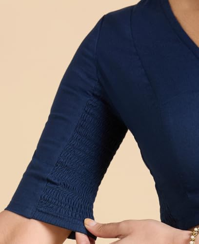 Image of Studio Shringaar Women's Thick Handloom Cotton Plain Side Stretch (Smocked) Readymade Saree Blouse