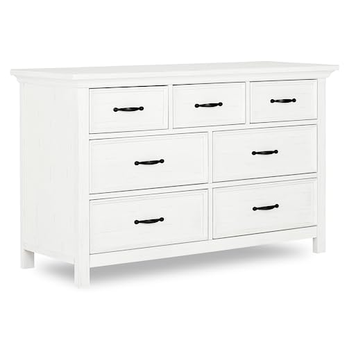 Evolur Belmar Double Dresser in Weathered White Comes Assembled Included Anti Tip Kit Seven Spacious Drawers Dresser for Nursery Bedroom Wooden Nursery Furniture