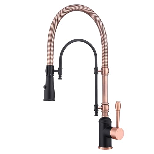 Image of Classical Commercial Copper Kitchen Faucet, Single Handle Spring High Arc with 360 Swivel Pull Down Spray, Finish & Deck Plate for Farmhouse Sink, Black+Red Copper