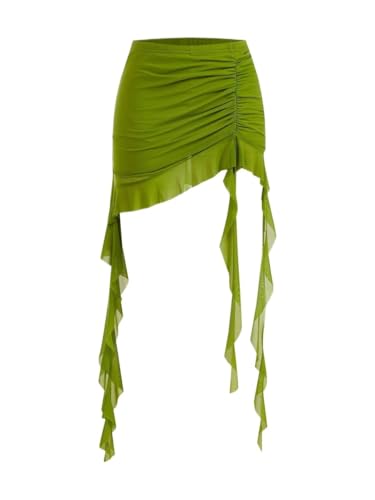 Womens' Solid Color Asymmetrical Ruched Ruffle Hem Skirt Casual Mini Skirts for Women