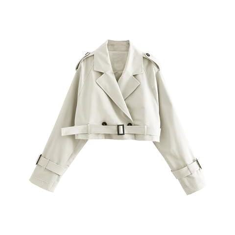 Bianstore Women's Cropped Trench Coat Fashion Long Sleeve Belted Jacket Outerwear(Beige-M) Cover